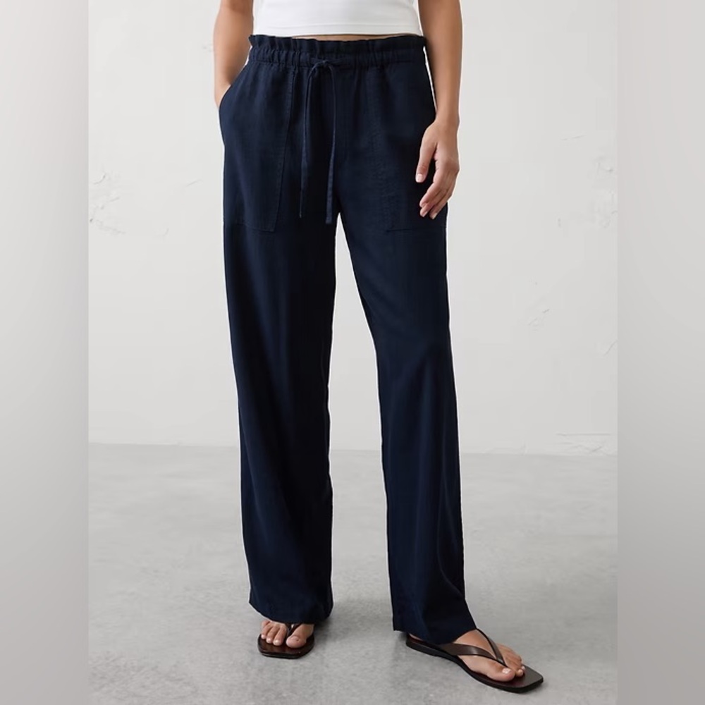 NWT! Banana Republic Navy Blue Straight Mid-Rise Linen-Blend Pull-On Pant 🖤